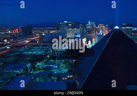 The Luxor hotel and the South Strip skyline during twilight, Las Vegas NV (seen from the Delano hotel) Stock Photo