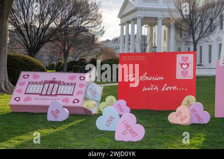 Washington, United States. 14th Feb, 2024. The North Lawn and the East Landing decorated by First Lady Jill Biden for Valentine's Day, February 14, 2024 in Washington, DC Credit: Adam Schultz/White House Photo/Alamy Live News Stock Photo