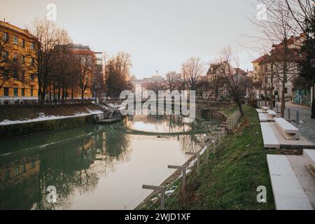 A sunset over Ljubljanica river in Ljubljana, Slovenia Stock Photo