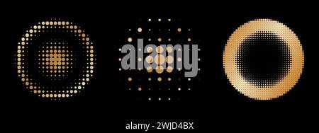 Golden luxury Halftone circles. Dotted texture border isolated on black background. Vector illustration Stock Vector