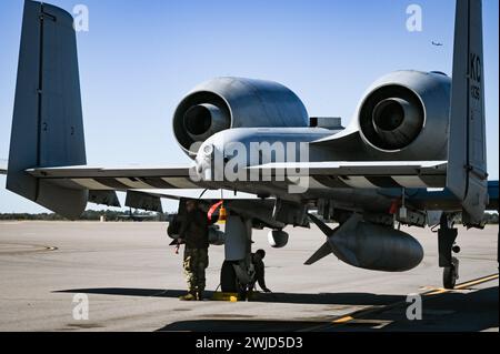 Crew chiefs assigned to the 442nd Aircraft Maintenance Squadron, perform a post flight inspection on an A-10C Thunderbolt II assigned to the 303rd Fighter Squadron, Whiteman Air Force Base, Missouri, Feb. 6, 2024 at MacDill AFB, Florida. The A-10 can employ a variety of conventional munitions including general purpose bombs, cluster bomb units, laser guided bombs and joint direct attack munitions. It utilizes the GAU-8/A 30mm cannon, capable of firing 3,900 rounds per minute to defeat a wide variety of targets including tanks. (U.S. Air Force photo by Airman 1st Class Sterling Sutton) Stock Photo