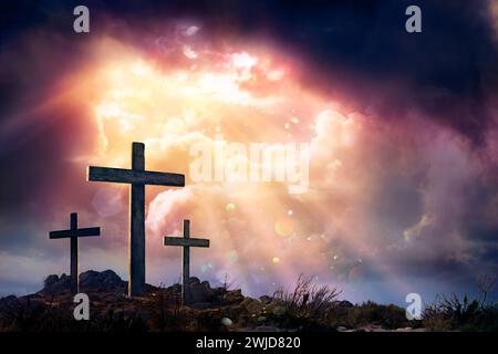 Resurrection - Crosses On Hill At Sunset - Abstract Glittering In The Sky And Vintage Colors Effects Stock Photo