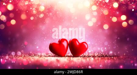 Valentine's Day - Red Hearts On Shiny Glitter And Abstract Defocused Lights Stock Photo