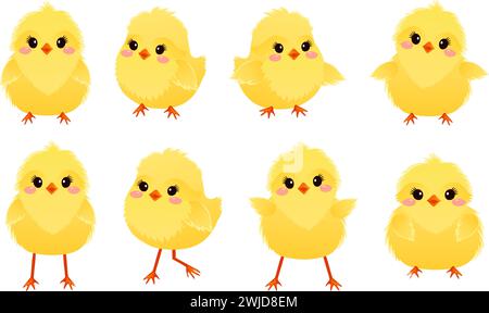 Collection of cute cartoon chickens. Yellow funny Easter chickens. Spring poultry babies in different poses. Vector illustration. Stock Vector