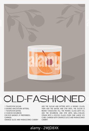 Old Fashioned Cocktail on the rocks garnish with orange slice and maraschino cherry. Whiskey with ice aperitif tropical vertical poster. Minimalistic Stock Vector