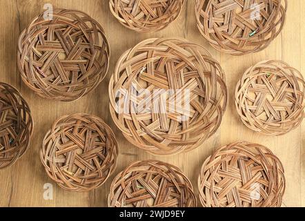 Piring Lidi, Natural Woven Plate made from Palm Leaf Bone, Top View Various Size Stock Photo