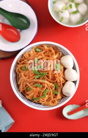 Rice Noodle with Chilli Oil and Fish Ball, Singapore Popular Food Stock Photo