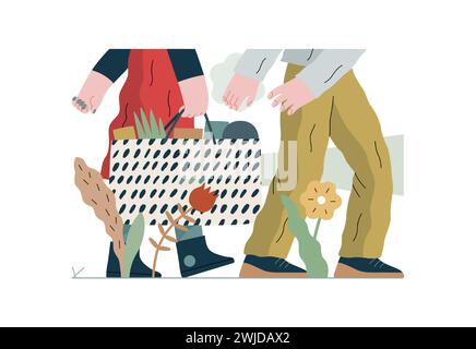 Mutual Support: Helping carry a heavy bag -modern flat vector concept illustration of a woman carrying shopping bag being assisted by man. Metaphor of Stock Vector