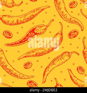 Seamless pattern with hand drawn chili peppers. Vector illustration in engraving style. Stock Vector