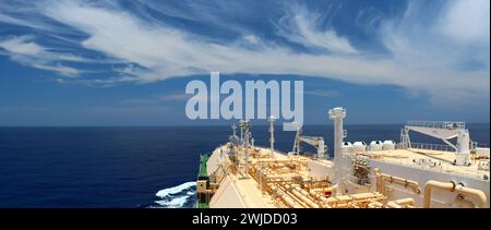 View from the bridge wing of a Liquefied Natural Gas (LNG) Tanker Stock Photo