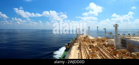 View from the bridge wing of a Liquefied Natural Gas (LNG) Tanker Stock Photo