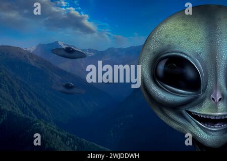 Alien and flying saucers in mountains. UFO, extraterrestrial visitors Stock Photo