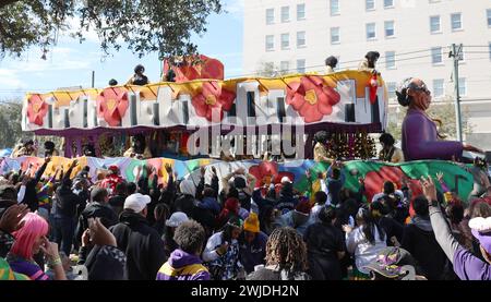 New Orleans, USA. 13th Feb, 2024. A float passes through during the Zulu Parade on St. Charles Avenue in New Orleans, Louisiana on Tuesday, February 13, 2023. (Photo by Peter G. Forest/SipaUSA) Credit: Sipa USA/Alamy Live News Stock Photo