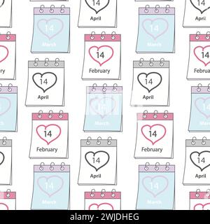 Seamless pattern of calendar pages with Valentines Day, White and Black Day dates and stroke by hand. Isolate. EPS. Vector for wallpaper, wrapping or web, poster, banner, brochure, cards, price, label Stock Vector