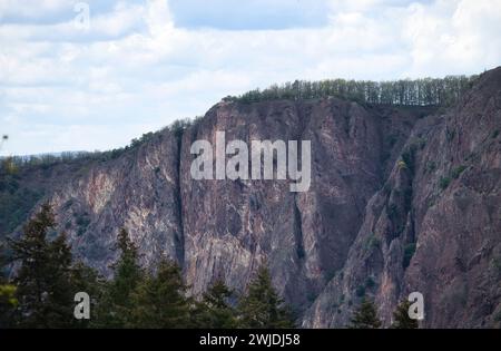 Rotenfels cliff with a line of trees on top on a cloudy spring day in Rhineland Palatinate, Germany. Stock Photo