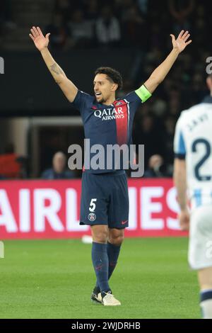 Paris, France. 14th Feb, 2024. Marquinhos of PSG during the UEFA Champions League, Round of 16 1st leg football match between Paris Saint-Germain (PSG) and Real Sociedad on February 14, 2024 at Parc des Princes stadium in Paris, France - Photo Jean Catuffe/DPPI Credit: DPPI Media/Alamy Live News Stock Photo