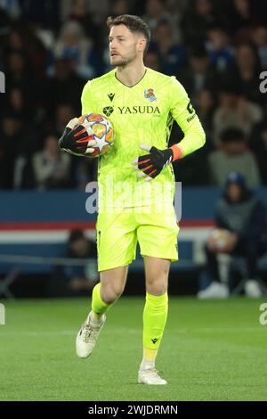 Paris, France. 14th Feb, 2024. Real Sociedad goalkeeper Alejandro Remiro during the UEFA Champions League, Round of 16 1st leg football match between Paris Saint-Germain (PSG) and Real Sociedad on February 14, 2024 at Parc des Princes stadium in Paris, France - Photo Jean Catuffe/DPPI Credit: DPPI Media/Alamy Live News Stock Photo