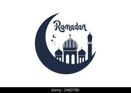 Silhouette of crescent moon and mosque ramdan concept vector illustration Stock Vector