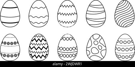 Black and white lines Easter eggs set. Spring linear egg icons with different pattern decoration. Doodle style Easter illustration bundle for card, invitation, print, sticker, banner, poster. Vector Stock Vector