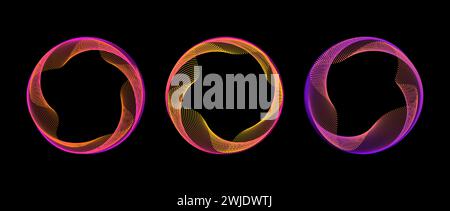 Neon gradient dotted circle set. Pink orange purple glowing round tech frame collection. Curved wave dot line circles on black background. Colorful circular border pack. Vector design element bundle Stock Vector