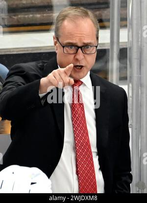 Pittsburgh, United States. 14th Feb, 2024. Flordia Panthers Head Coach Paul Maurice points across the ice after losing a challenge in the second period of the Florida Panthers 5-2 win against the Pittsburgh Penguins at PPG Paints Arena in Pittsburgh on Wednesday, February 14, 2024. Photo by Archie Carpenter/UPI. Credit: UPI/Alamy Live News Stock Photo