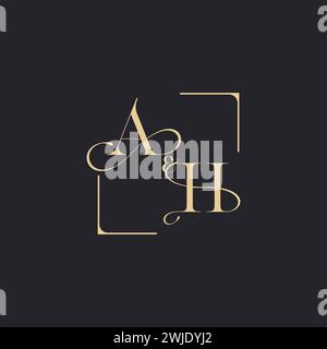 AH simple concept of wedding outline logo and square of initial design gold in white background Stock Vector