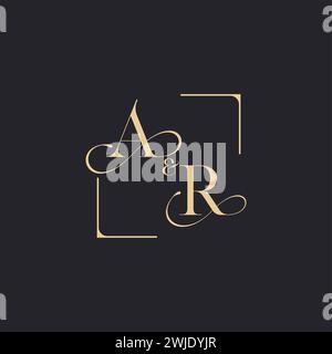 AR simple concept of wedding outline logo and square of initial design gold in white background Stock Vector