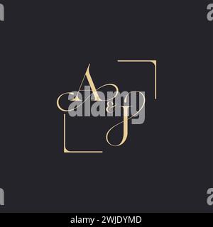 AJ simple concept of wedding outline logo and square of initial design gold in white background Stock Vector