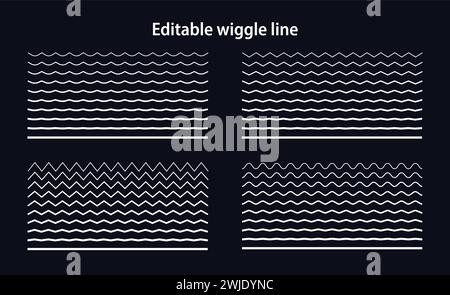 Editable wiggle lines. Set of wavy curves and zigzag intersecting horizontal strokes. Transition from a straight line to a wavy one. Geometric design Stock Vector