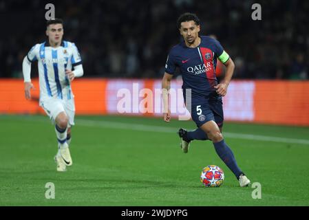 Paris, France. 14th Feb, 2024. © Sebastien Muylaert/MAXPPP - Paris 14/02/2024 Marquinhos of PSG during the UEFA Champions League 2023/24 round of 16 first leg match between Paris Saint-Germain and Real Sociedad at Parc des Princes in Paris, France. 14.02.2024 Credit: MAXPPP/Alamy Live News Stock Photo