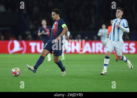 Paris, France. 14th Feb, 2024. © Sebastien Muylaert/MAXPPP - Paris 14/02/2024 Marquinhos of PSG during the UEFA Champions League 2023/24 round of 16 first leg match between Paris Saint-Germain and Real Sociedad at Parc des Princes in Paris, France. 14.02.2024 Credit: MAXPPP/Alamy Live News Stock Photo