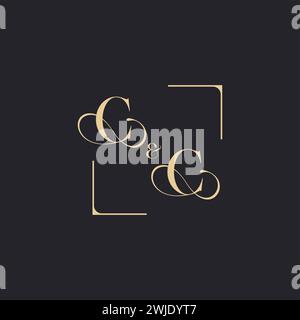 CC simple concept of wedding outline logo and square of initial design gold in white background Stock Vector