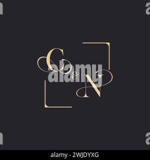 CN simple concept of wedding outline logo and square of initial design gold in white background Stock Vector