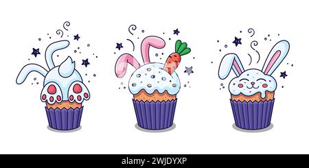 Set of Cute Hand drawn Easter illustrations with Easter cake, rabbits ears, carrot, rabbit, hare in cartoon style. Easter food design elements. Vector illustration. Doodle style. Stock Vector