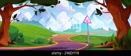 Winding asphalt road with sign leading to high rocky mountains. Cartoon vector summer landscape with curly highway surrounded by green trees and grass, stone hills under blue sky with clouds. Stock Vector