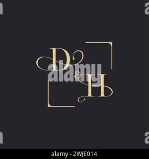 DH simple concept of wedding outline logo and square of initial design gold in white background Stock Vector
