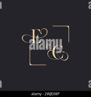 EC simple concept of wedding outline logo and square of initial design gold in white background Stock Vector