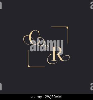 CR simple concept of wedding outline logo and square of initial design gold in white background Stock Vector