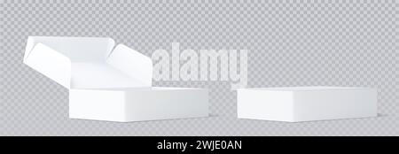 White closed and open cardboard box mockup top angle view. Realistic vector illustration set of blank carton package for delivery or gift concept. Rectangular low paper pack with cover mock up. Stock Vector
