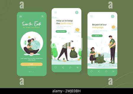 Save earth clean up trash illustration onboard mobile screen template Stock Vector