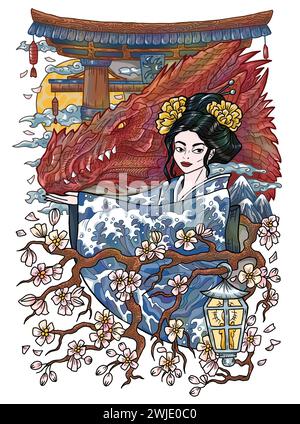 Fantasy engraved illustration with beautiful asian woman as witch or magician isolated on white background. Hand drawn colorful graphic art with ethni Stock Photo