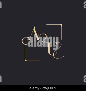 AU simple concept of wedding outline logo and square of initial design gold in white background Stock Vector