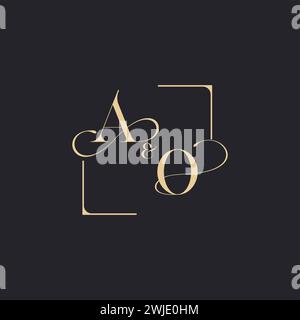 AO simple concept of wedding outline logo and square of initial design gold in white background Stock Vector