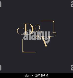 DV simple concept of wedding outline logo and square of initial design gold in white background Stock Vector