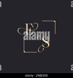 ES simple concept of wedding outline logo and square of initial design gold in white background Stock Vector