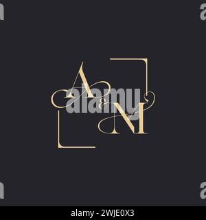 AM simple concept of wedding outline logo and square of initial design gold in white background Stock Vector