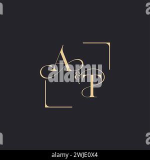 AT simple concept of wedding outline logo and square of initial design gold in white background Stock Vector