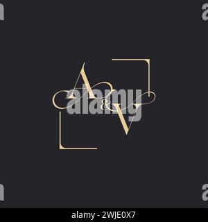 AV simple concept of wedding outline logo and square of initial design gold in white background Stock Vector