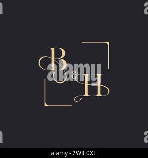 BH simple concept of wedding outline logo and square of initial design gold in white background Stock Vector