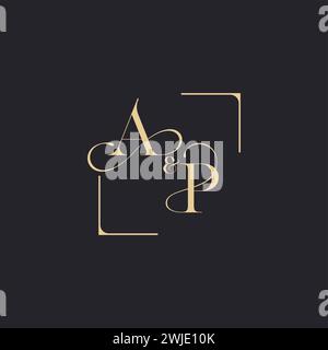 AP simple concept of wedding outline logo and square of initial design gold in white background Stock Vector